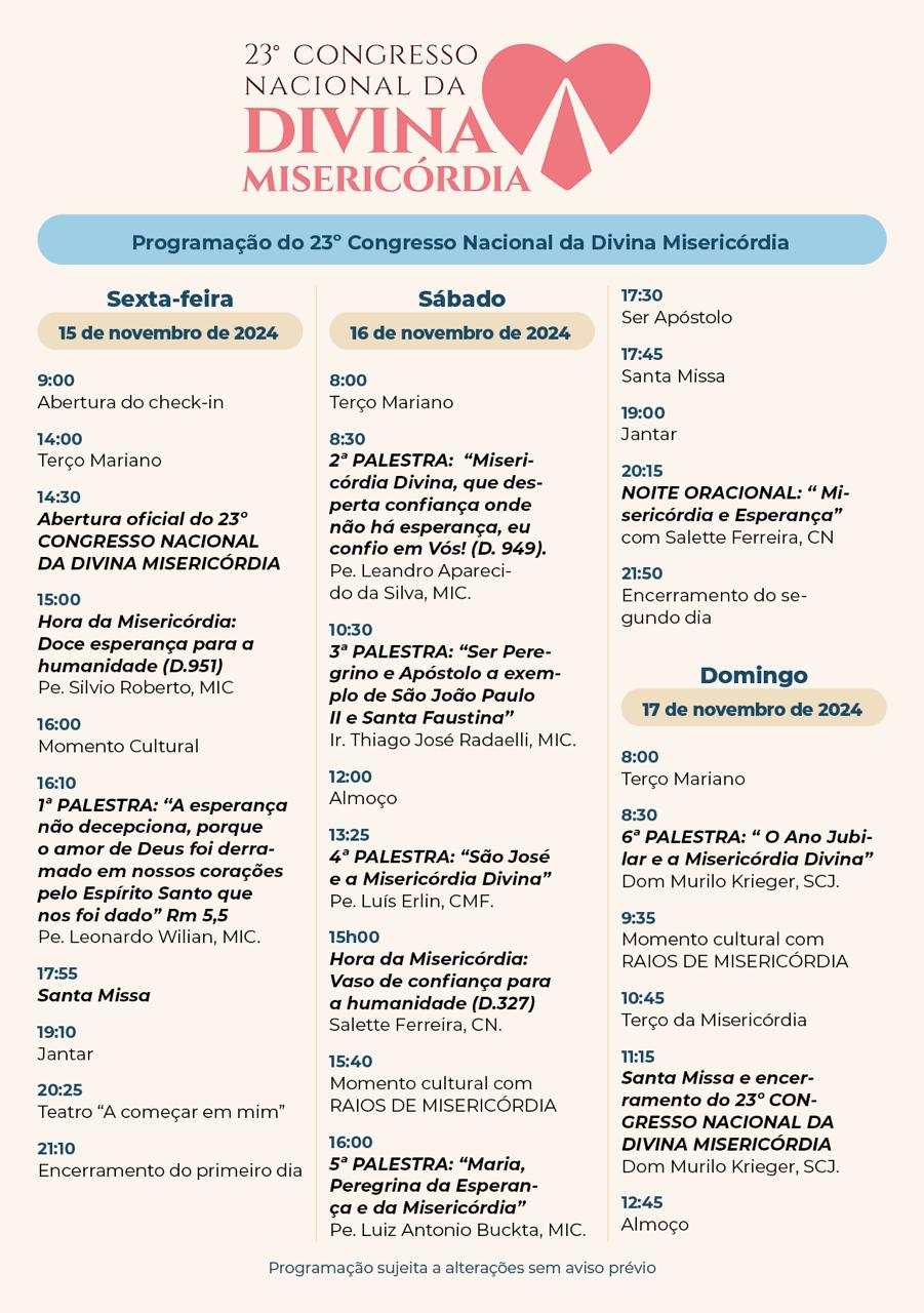 Programação completa do 23º congresso da Divina Misericórdia 2024