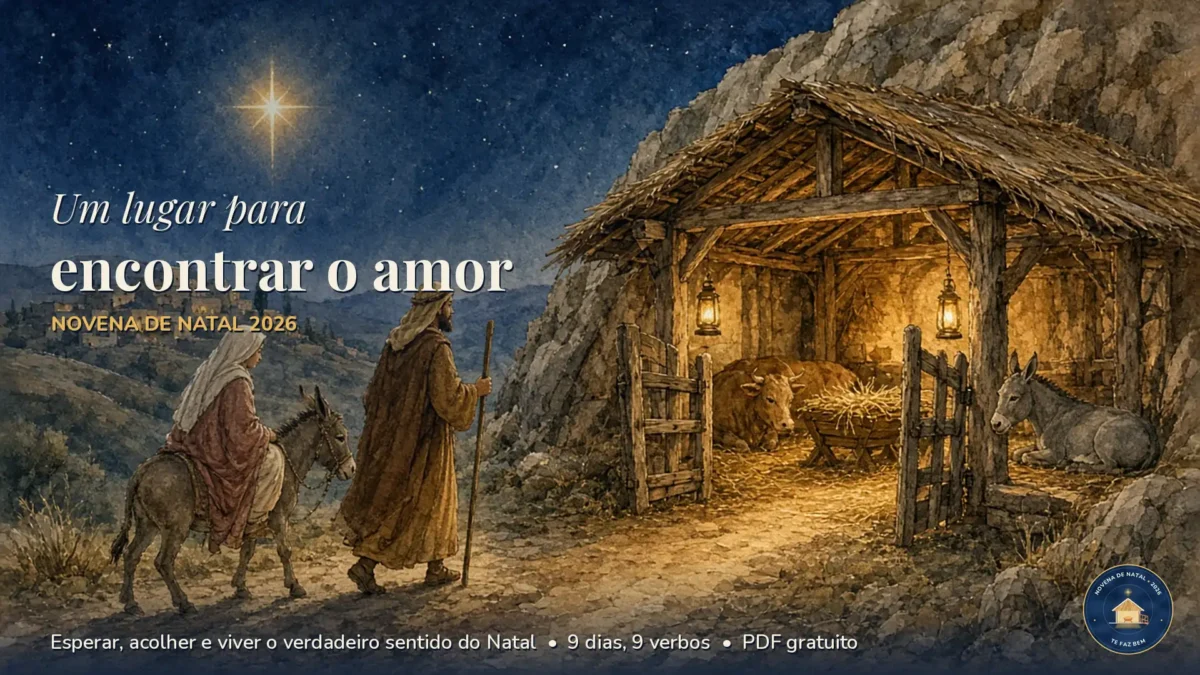 Ilustração em aquarela: Maria no burrinho e José chegando ao estábulo de Belém sob a estrela, com o texto Um lugar para encontrar o amor, Novena de Natal 2026