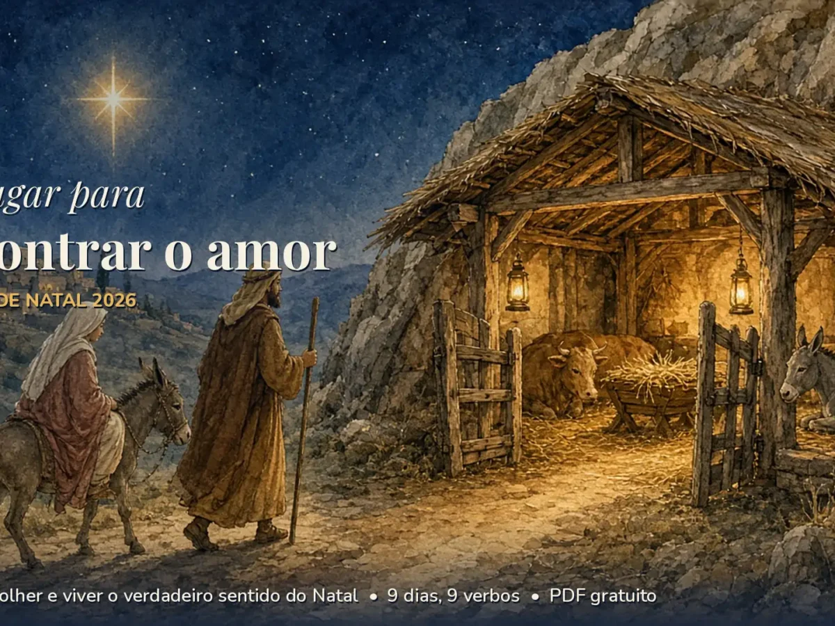 Ilustração em aquarela: Maria no burrinho e José chegando ao estábulo de Belém sob a estrela, com o texto Um lugar para encontrar o amor, Novena de Natal 2026